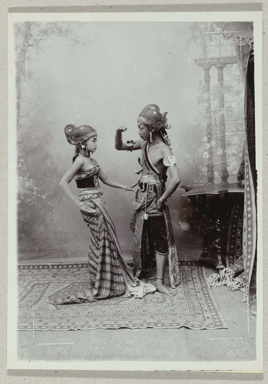 Studio Portrait of Two Javanese Dancers in Traditional Clothing and Makeup by Kassian Cephas
