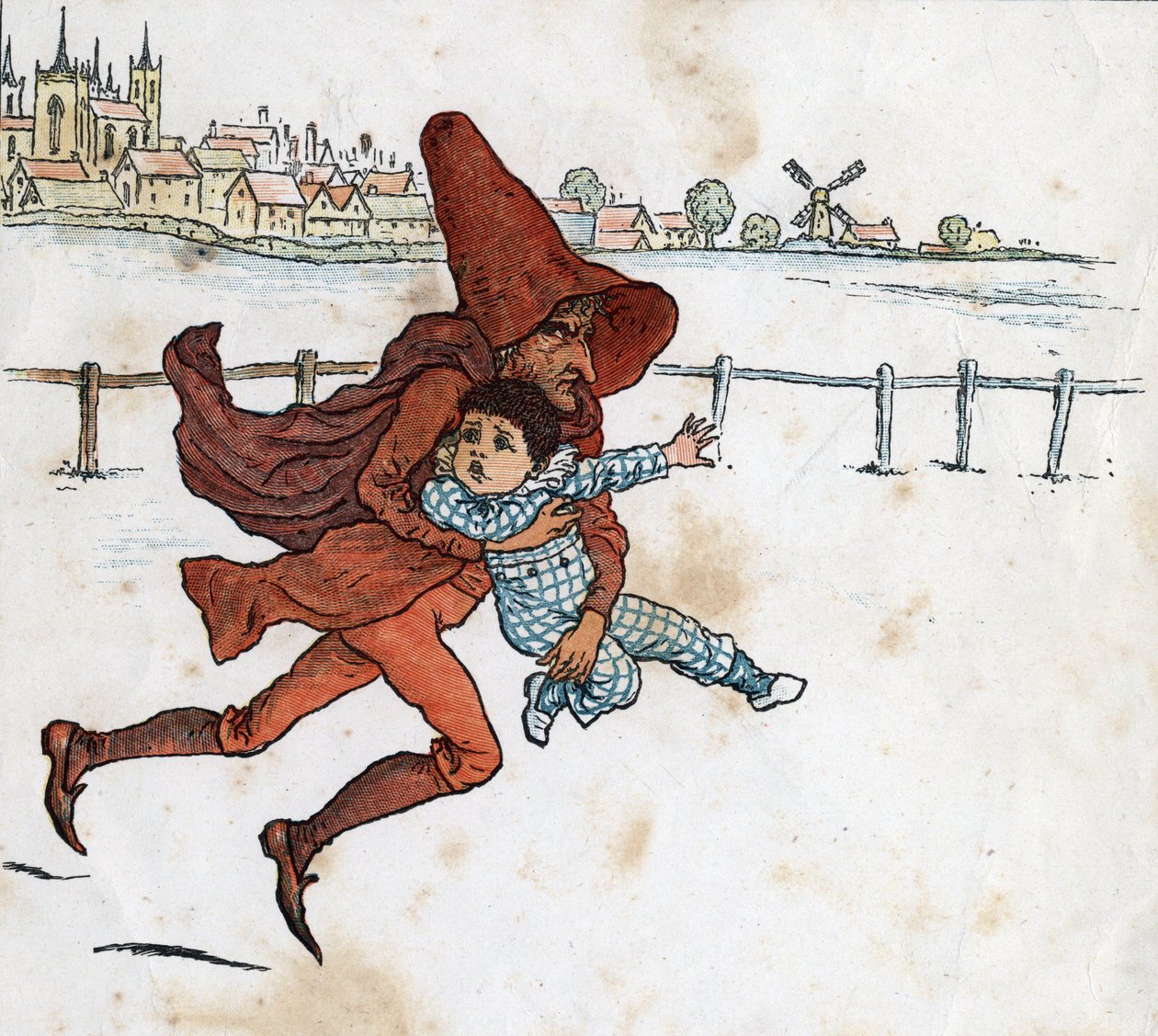A leprechaun takes a small child. Illustration by Kate Greenaway from the children