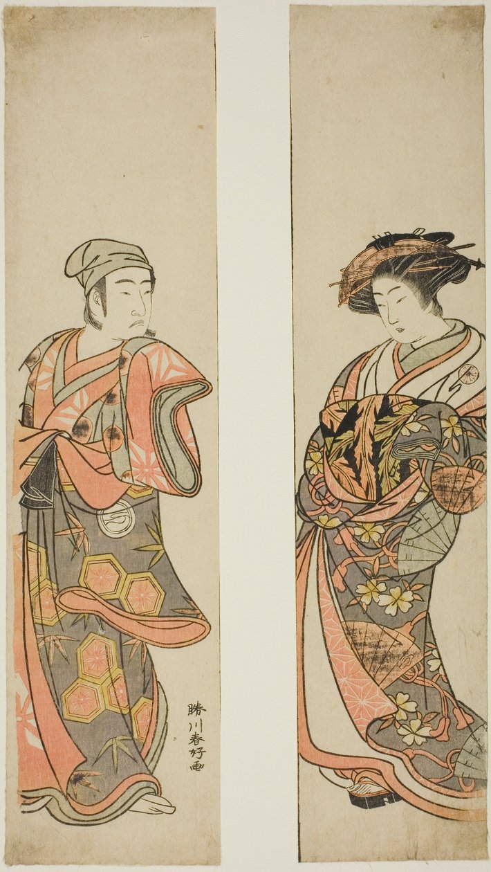 The Actor Nakamura Tomijuro I as a courtesan (right) and Sawamura Sojuro III as Oyamada Taro (?) disguised as Tarosaku of Oyamada Village (left) in the play "Azuma no Mori Sakae Kusunoki," performed at the Ichimura Theater in November 1779 by Katsukawa Shunkо̄