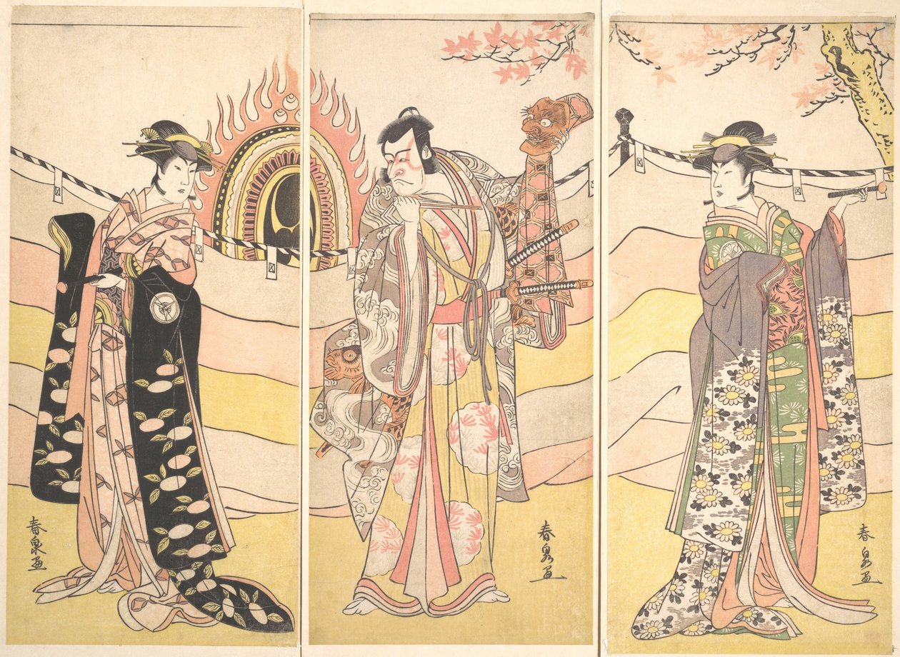 Three Actors in Beautiful Costumes Performing a Religious Dance by Katsukawa Shunsen