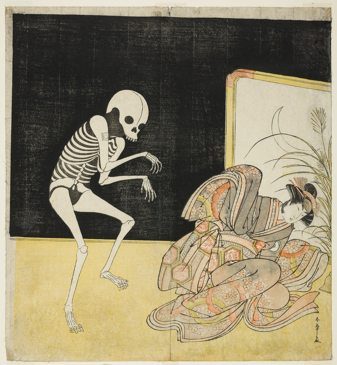 Ichikawa Danjūrō V as a Skeleton, Spirit of the Renegade Monk Seigen, and Iwai Hanshirō IV as the Cherry Princess, in “Flower of Edo: An Ichikawa Saga” by Katsukawa Shunsho