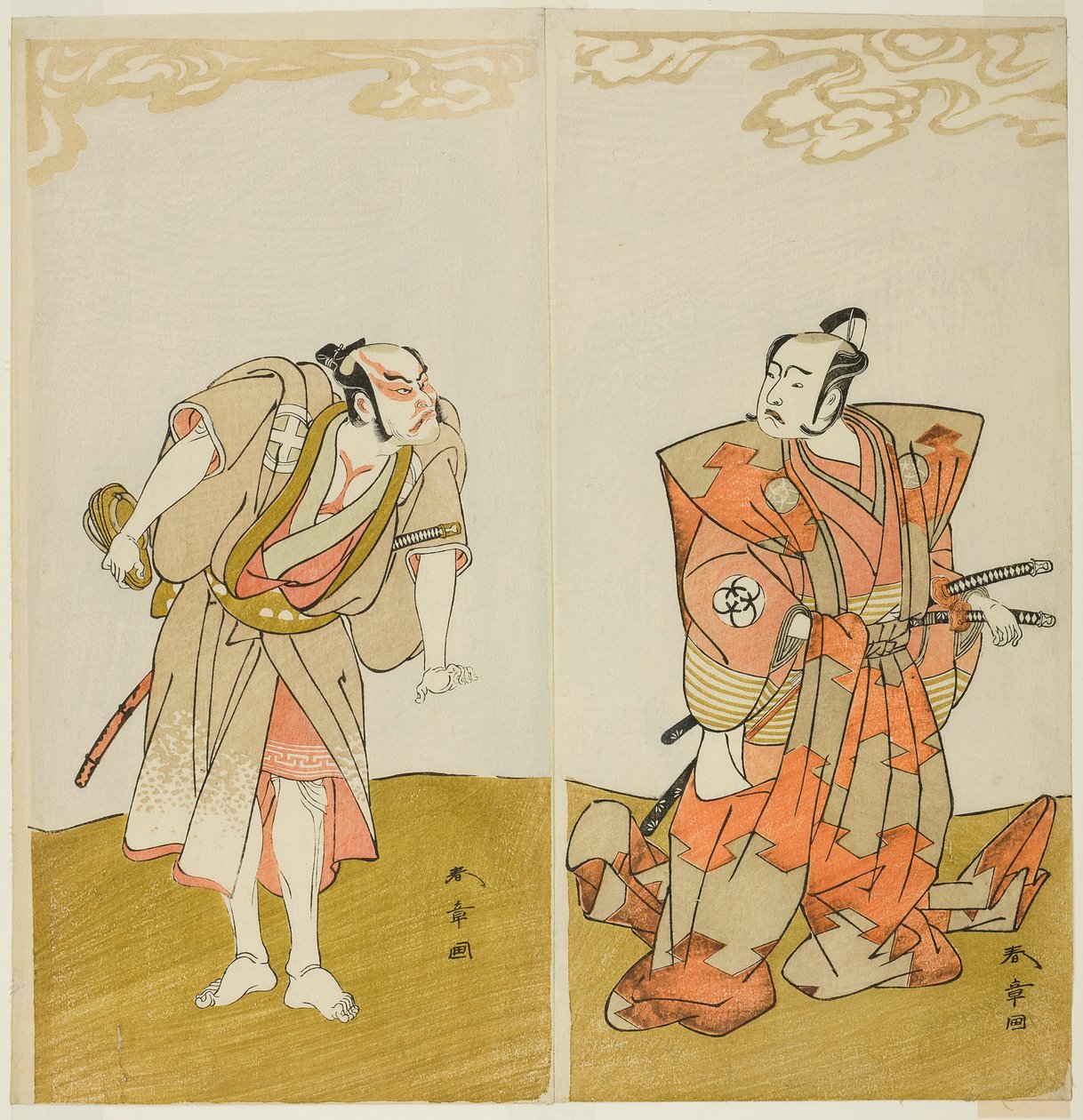 The Actors Bando Mitsugoro I as Hata no Kawakatsu (right), and Otani Hiroemon III as the Manservant (Yakko) Gansuke (left), in the Play Miya-bashira Iwao no Butai (Shrine Pillars on a Stone Base), Performed at the Morita Theater from the Fifteenth Day of t by Katsukawa Shunsho