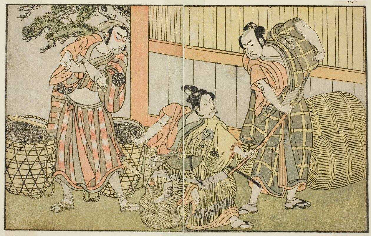 The Actors Kasaya Matakuro II as Hagun Taro, Ichikawa Monnosuke II as Izutsu no Suke Narihira, and Nakamura Nakazo I as Kose no Kanaoka Disguised as Sogoro the Charcoal Maker, in the Play Kuni no Hana Ono no Itsumoji, Performed at the Naka by Katsukawa Shunsho