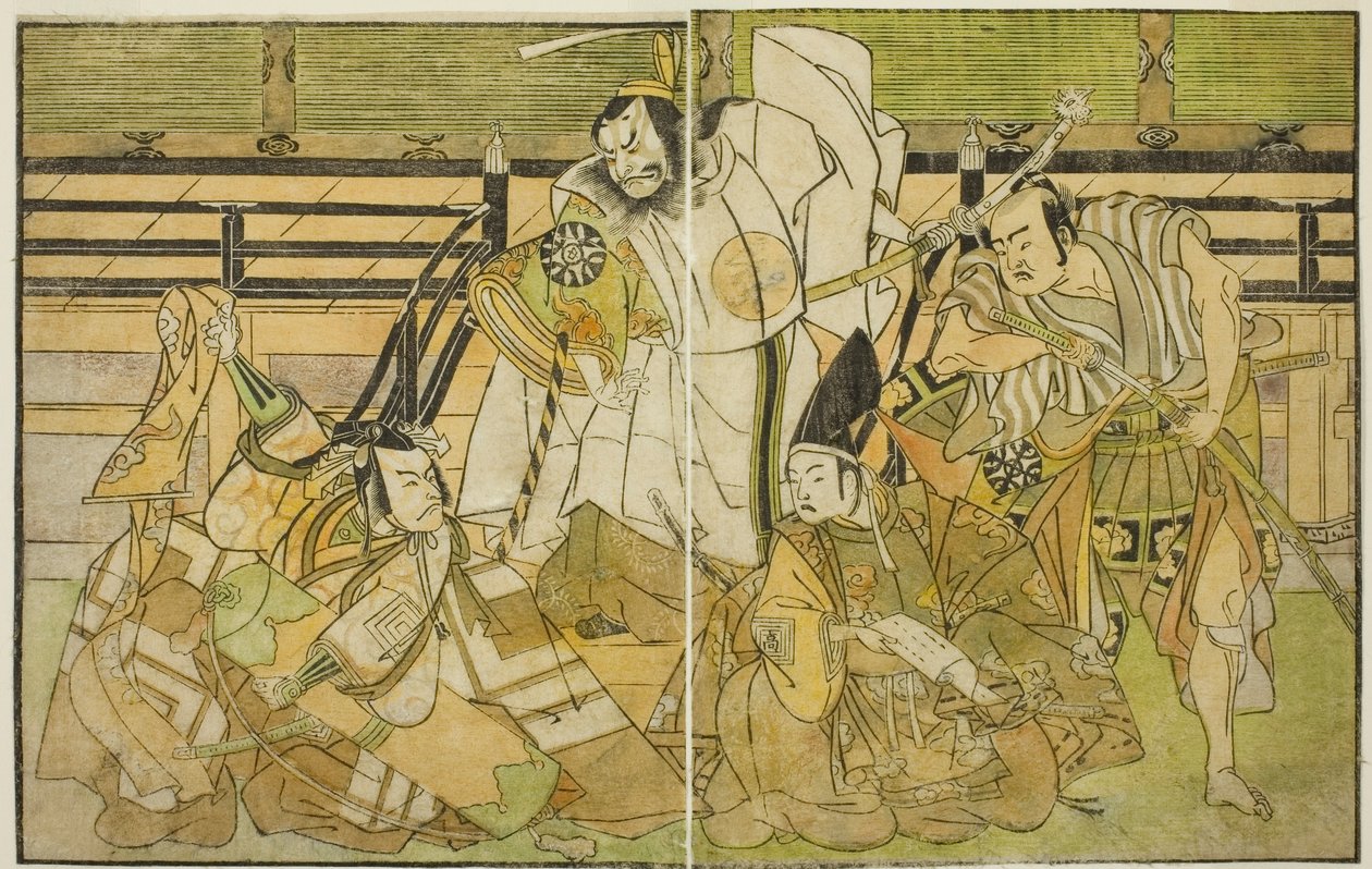 The Actors Nakamura Denkuro II as Seno-o Taro, Ichikawa Komazo II as Yorimasa, Nakamura Nakazo I as Taira no Kiyomori, and Ichikawa Danjuro V as Kiou Takiguchi (right to left), in the Play Nue no Mori Ichiyo no Mato, Performed at the Nakamura Theater by Katsukawa Shunsho