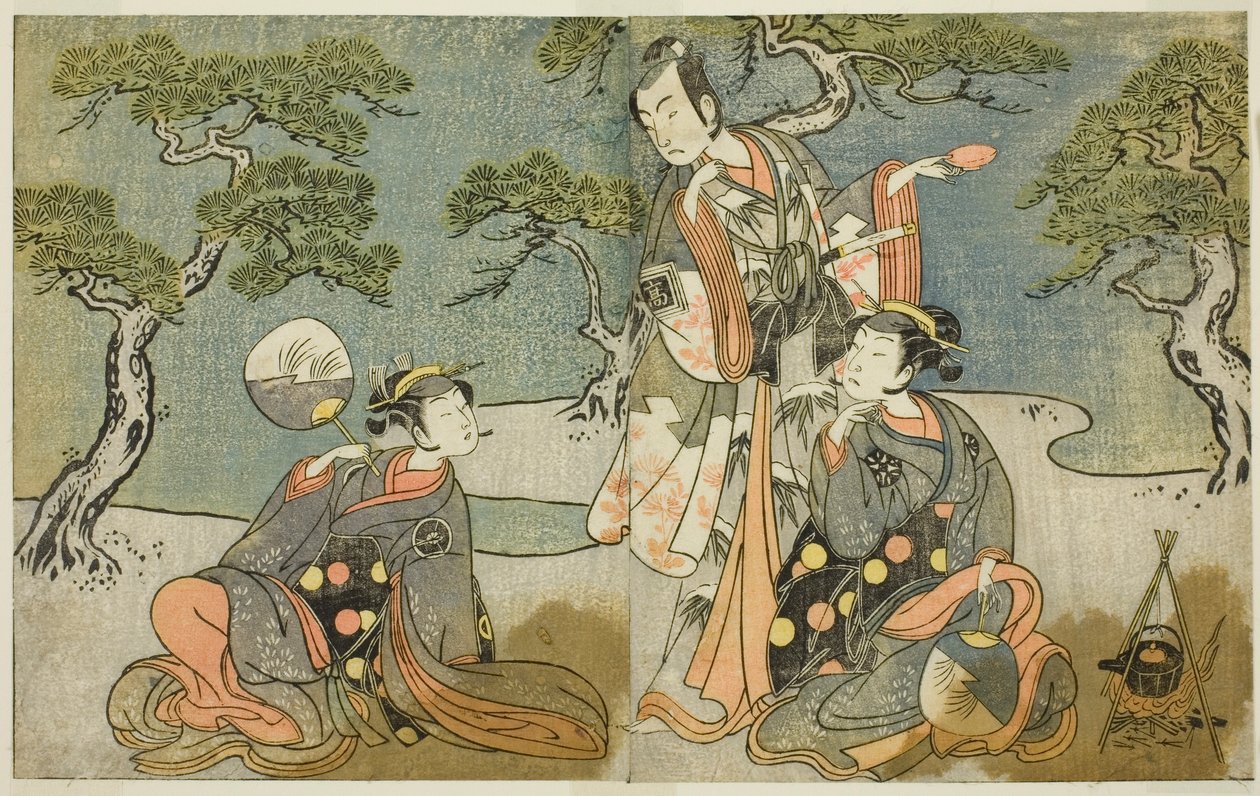 The Actors Nakamura Nakazo I as Matsukaze, Ichikawa Komazo II as Ariwara no Yukihira, and Iwai Hanshiro IV as Murasame (in the Play Kuni no Hana Ono no Itsumoji, Performed at the Nakamura Theater in the Eleventh Month, 1771) by Katsukawa Shunsho