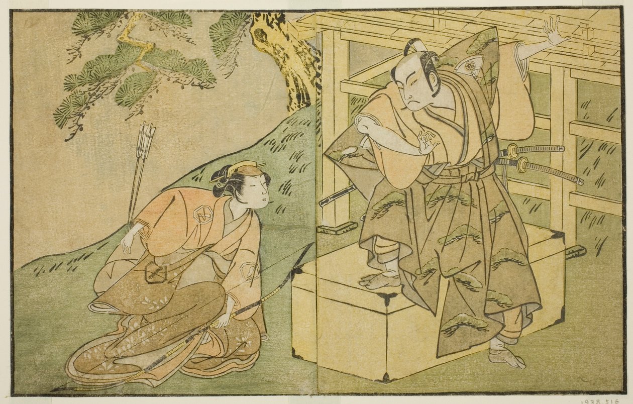 The Actors Onoe Matsusuke I as Akaboshi Taro and Azuma Tozo II as Shirotae, in the Play Kono Hana Yotsugi no Hachi no Ki, Performed at the Ichimura Theater in the Eleventh Month, 1771 by Katsukawa Shunsho