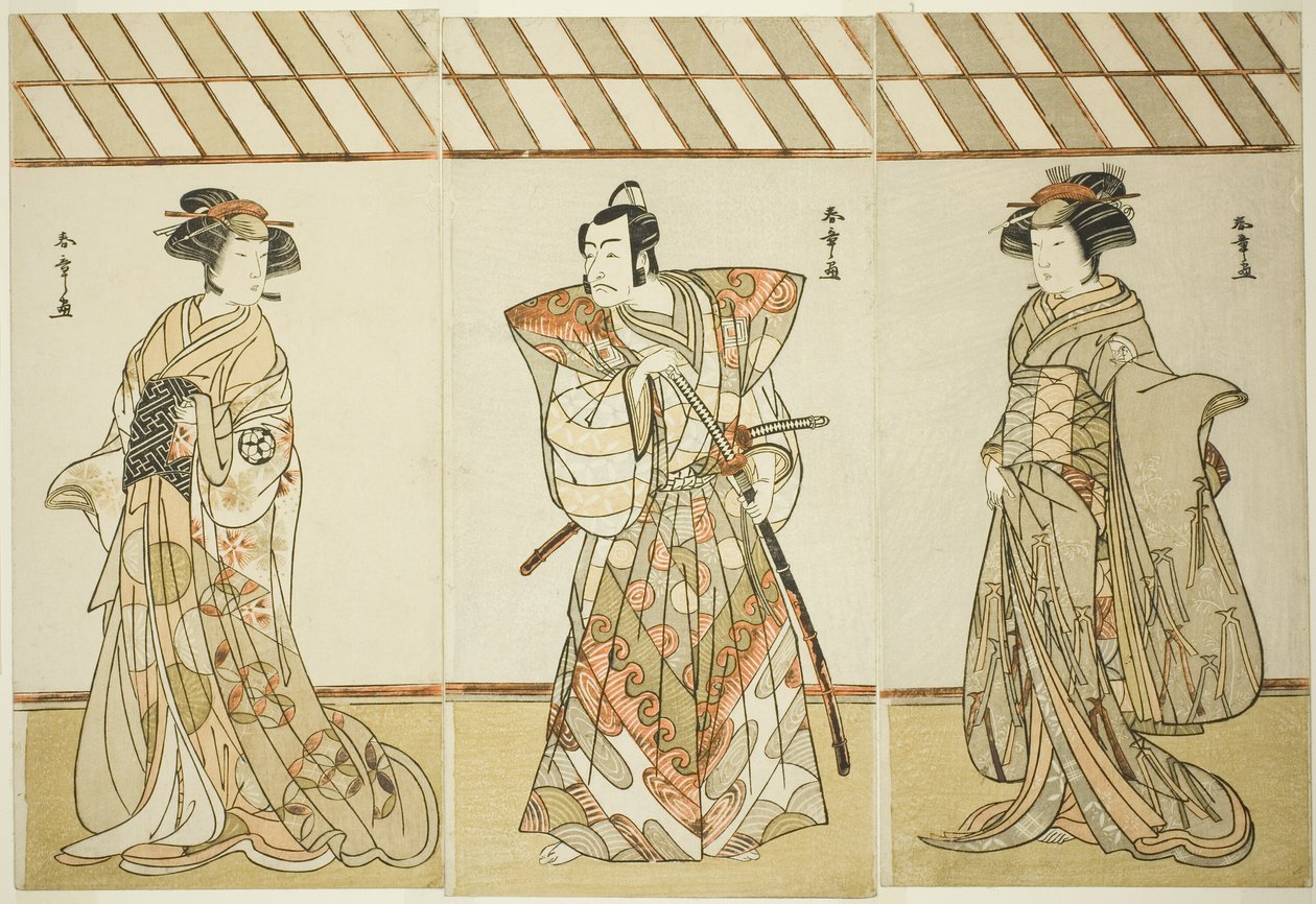 The Actors Onoe Tamizo I as Nishikigi (?) or Otae (?) (right), Ichikawa Danjuro V as Miura Heidayu Kunitae (?) (center), and Osagawa Tsuneyo II as Oyuki (?) (left), in the Play Date Nishiki Tsui no Yumitori (?), Performed at the Morita Theater (?) in the E by Katsukawa Shunsho