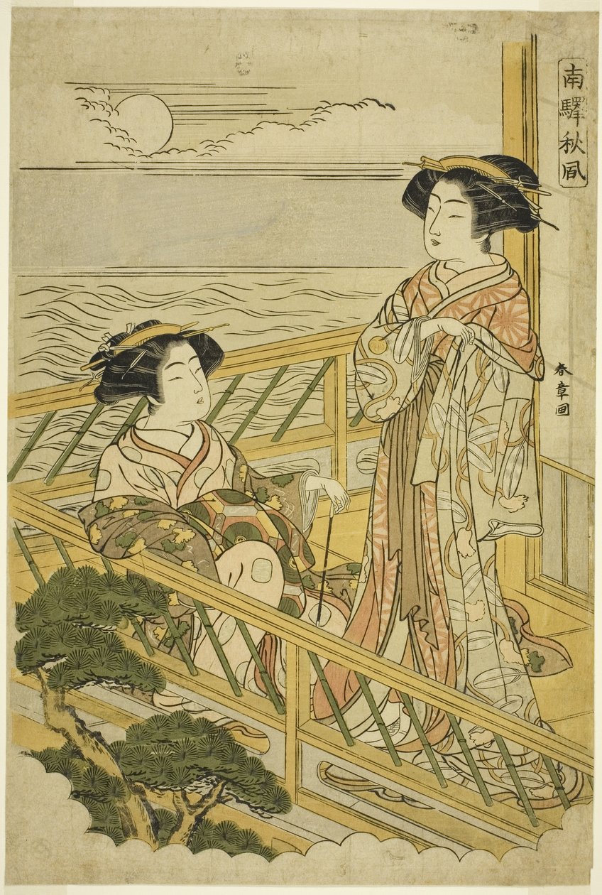 Two Courtesans on a Moonlit Balcony at a House of Pleasure in Shinagawa, from the Series Nan