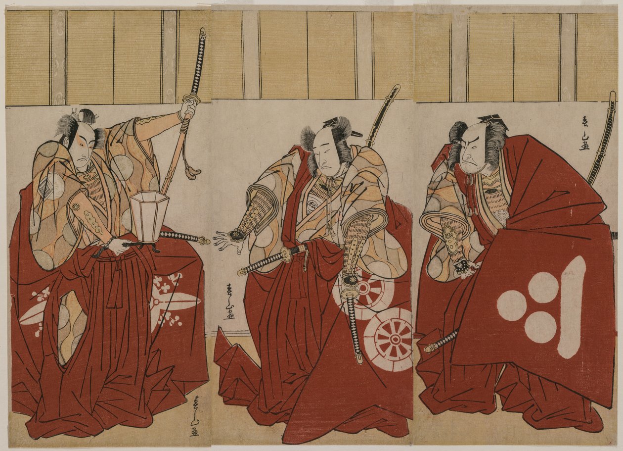Ichikawa Monnosuke II as Urabe Suetake, Onoe Matsusuke I as Usui Sadamitsu, and Nakamura Nakazo I as Watanabe no Tsuna in The Four Heavenly Kings Costumed as the Night Watch by Katsukawa Shunzan