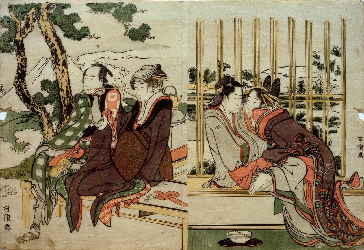Azuma and Yogoro in the Old Snow. Koman and Yosaku in the Sunset by Katsushika Hokusai
