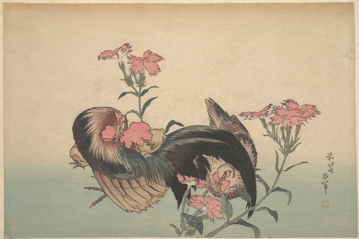 Cock, Hen, and Nadeshiko (Dianthus Superbus) by Katsushika Hokusai