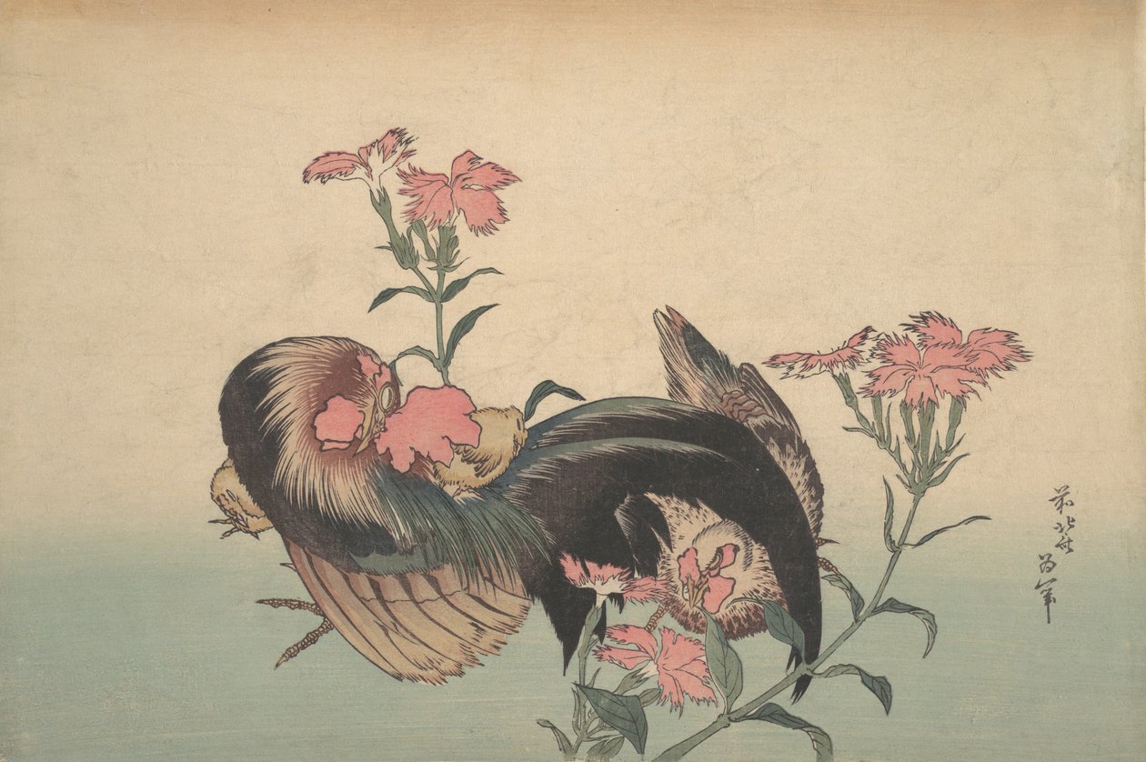Cock, Hen, and Nadeshiko Dianthus Superbus by Katsushika Hokusai