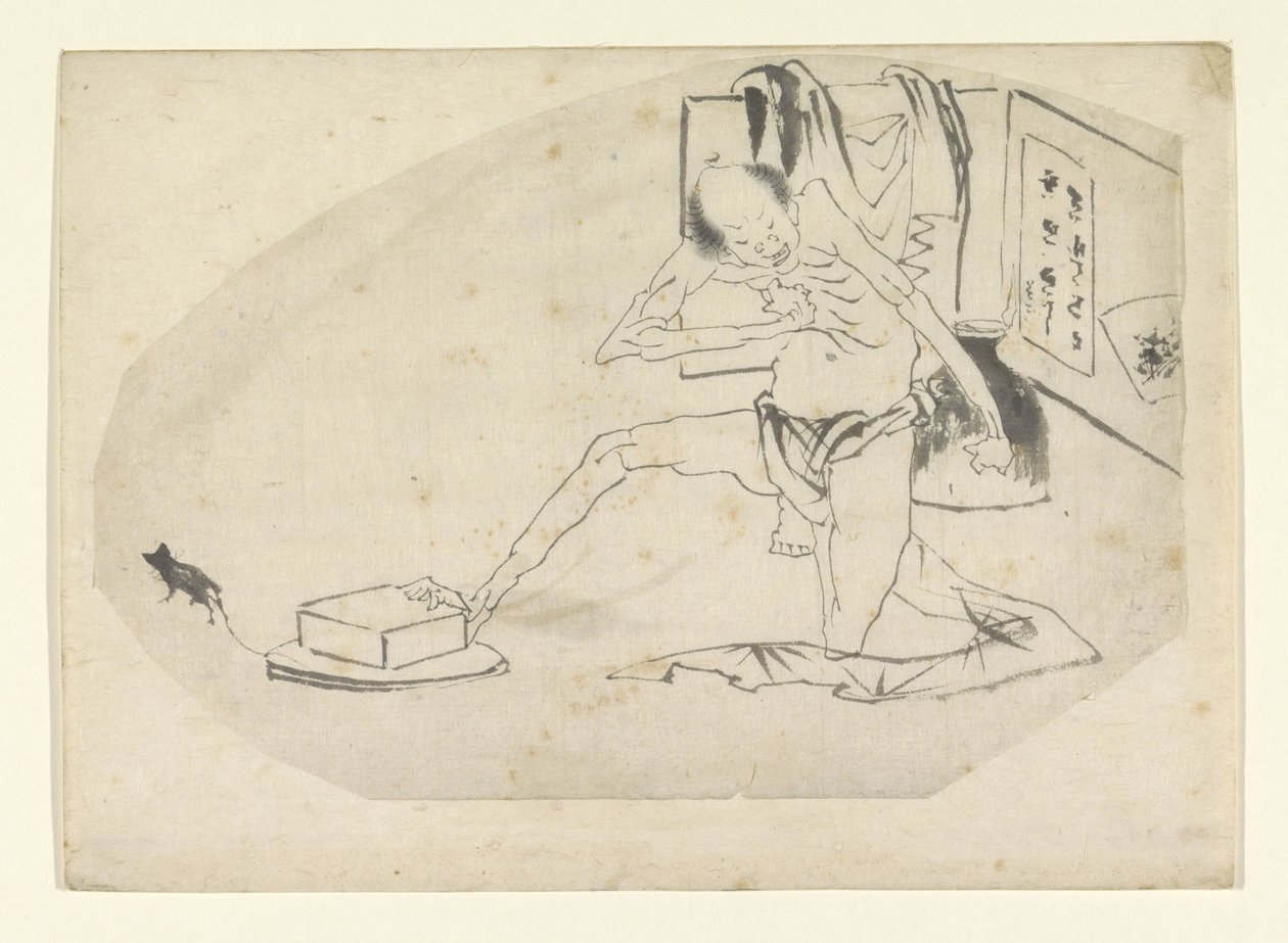 Man in Loincloth, a Box, and a Mouse by Katsushika Hokusai