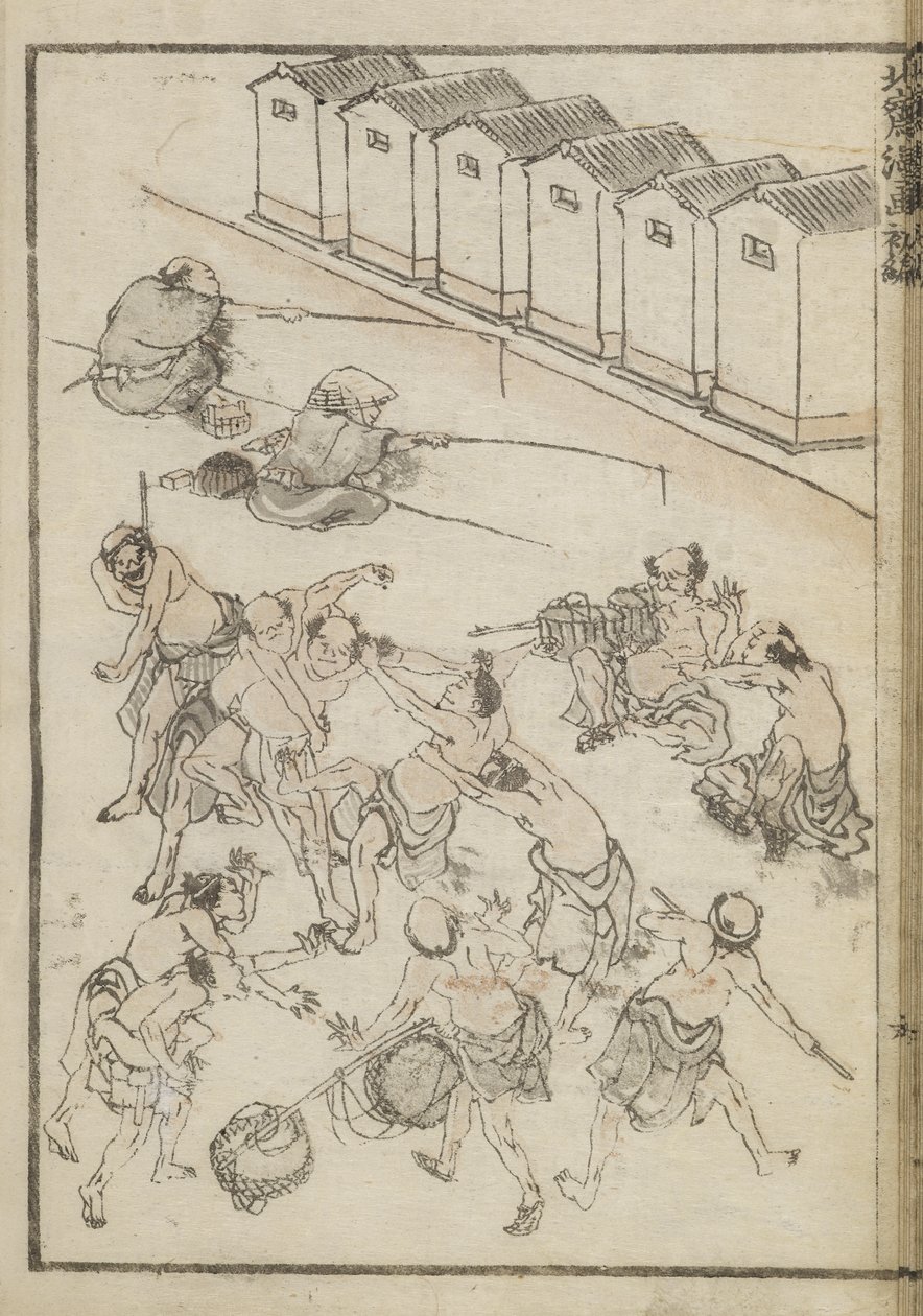 Men Wrestling and Fishing by Katsushika Hokusai