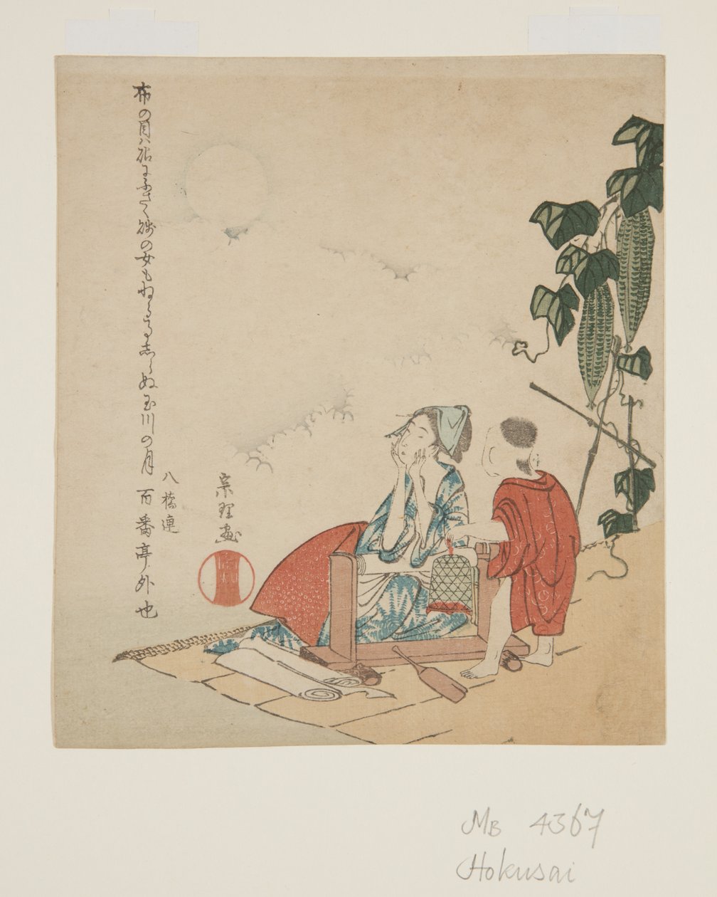 Mother and Child by Gourd Trellis in Moonlight by Katsushika Hokusai