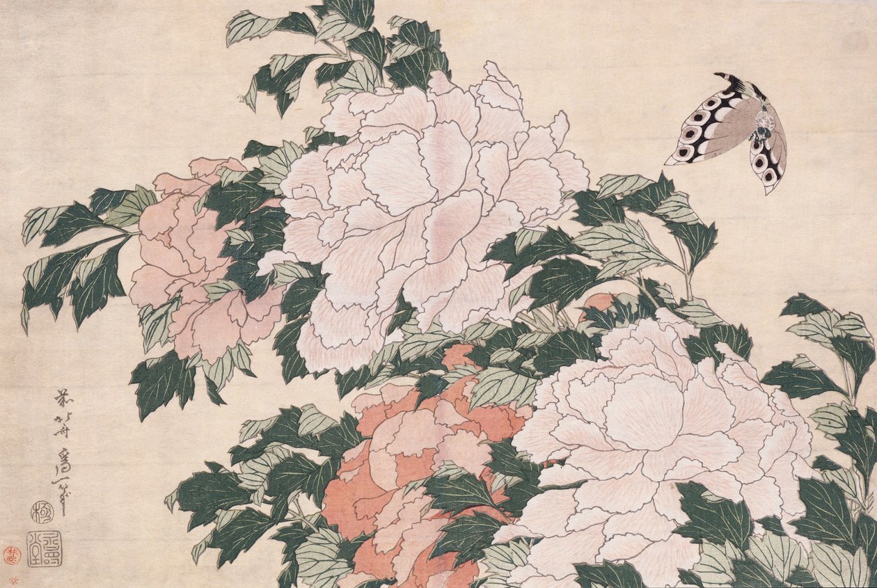 Pink and Red Peonies Blown to the Left in a Breeze and a Butterfly by Katsushika Hokusai