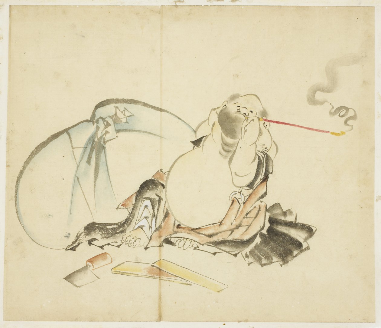 Seated Hotei Smoking a Pipe by Katsushika Hokusai