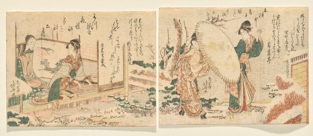 Snowy Morning: Two Women Walk in a Snow-Covered Garden in Snow-Geta with an Umbrella; Young Woman Plays the Koto and Looks at Her Mother by Katsushika Hokusai