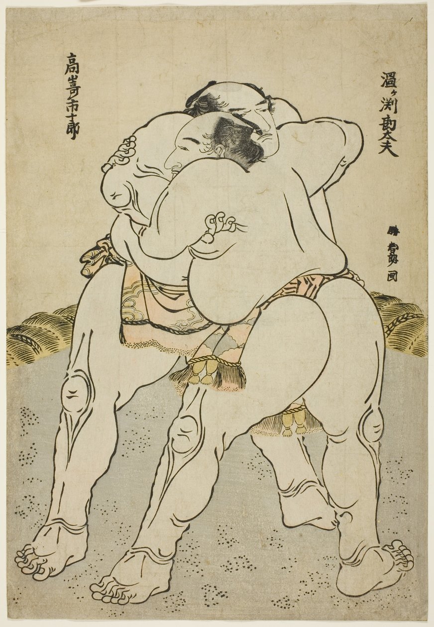 The Sumo Wrestlers Uzugafuchi Kandayu and Takasaki Ichijuro by Katsushika Hokusai