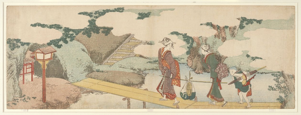 Two Women and a Boy on Boardwalk by Katsushika Hokusai