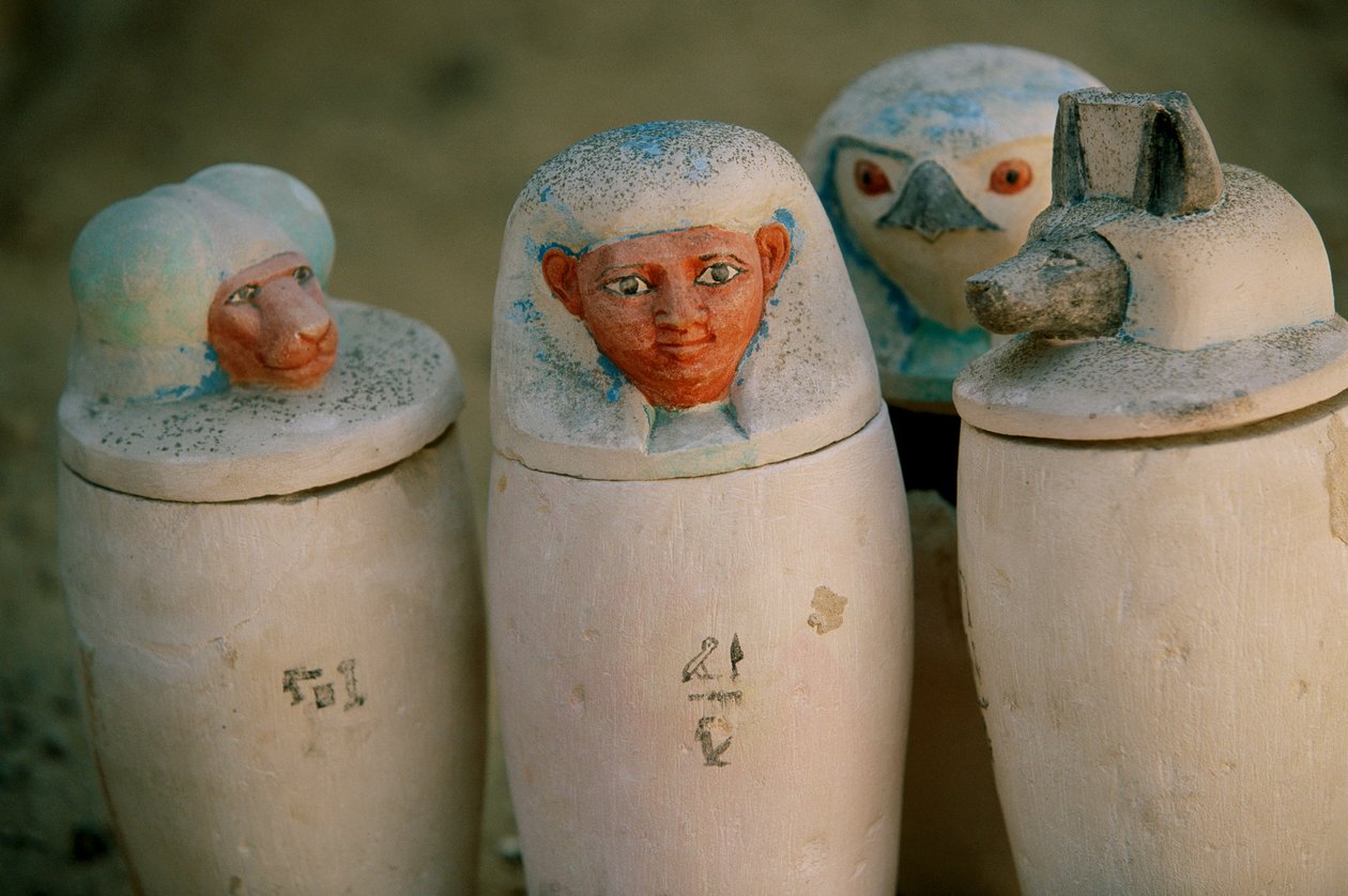 Canopic jars of Pakerdemamon with stoppers of the four sons of Horus, Hapy, Duamutef, 2002 by Kenneth Garrett