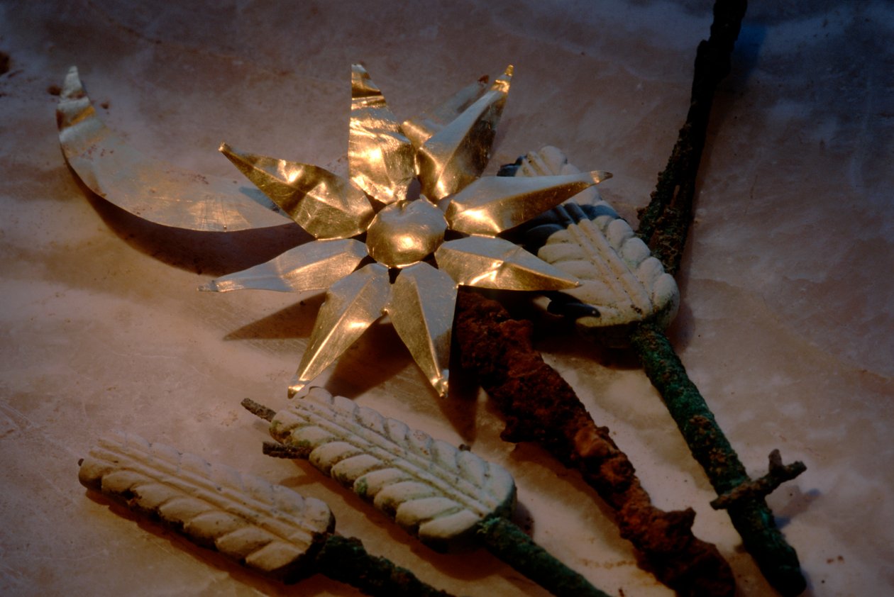 Gold sun and moon with wheat sticks, artifacts, Oxus Civilization, Turkmenistan, Gonor Depe site, 2004 by Kenneth Garrett