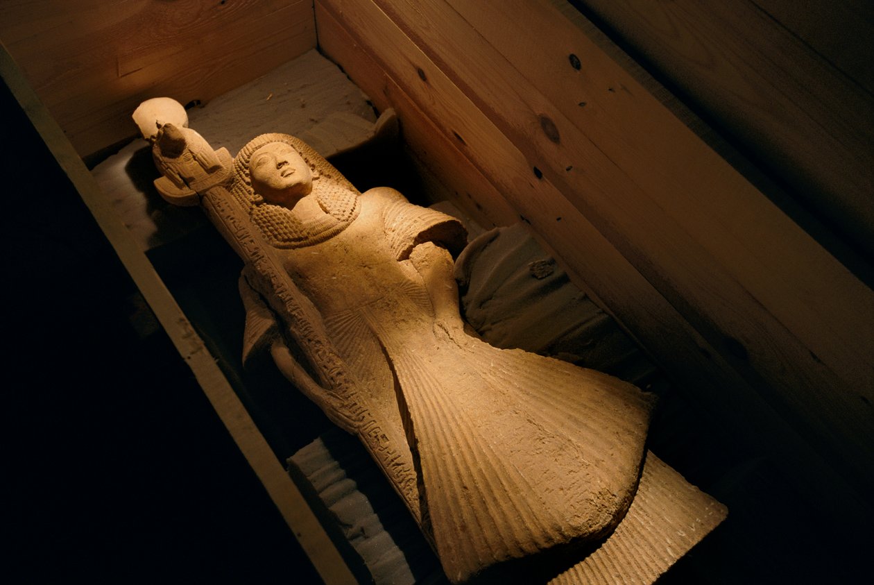 Sandstone Statue of Nebre as Standard Bearer of the Lion-Headed Goddess of War Sekhmet, 2002 by Kenneth Garrett