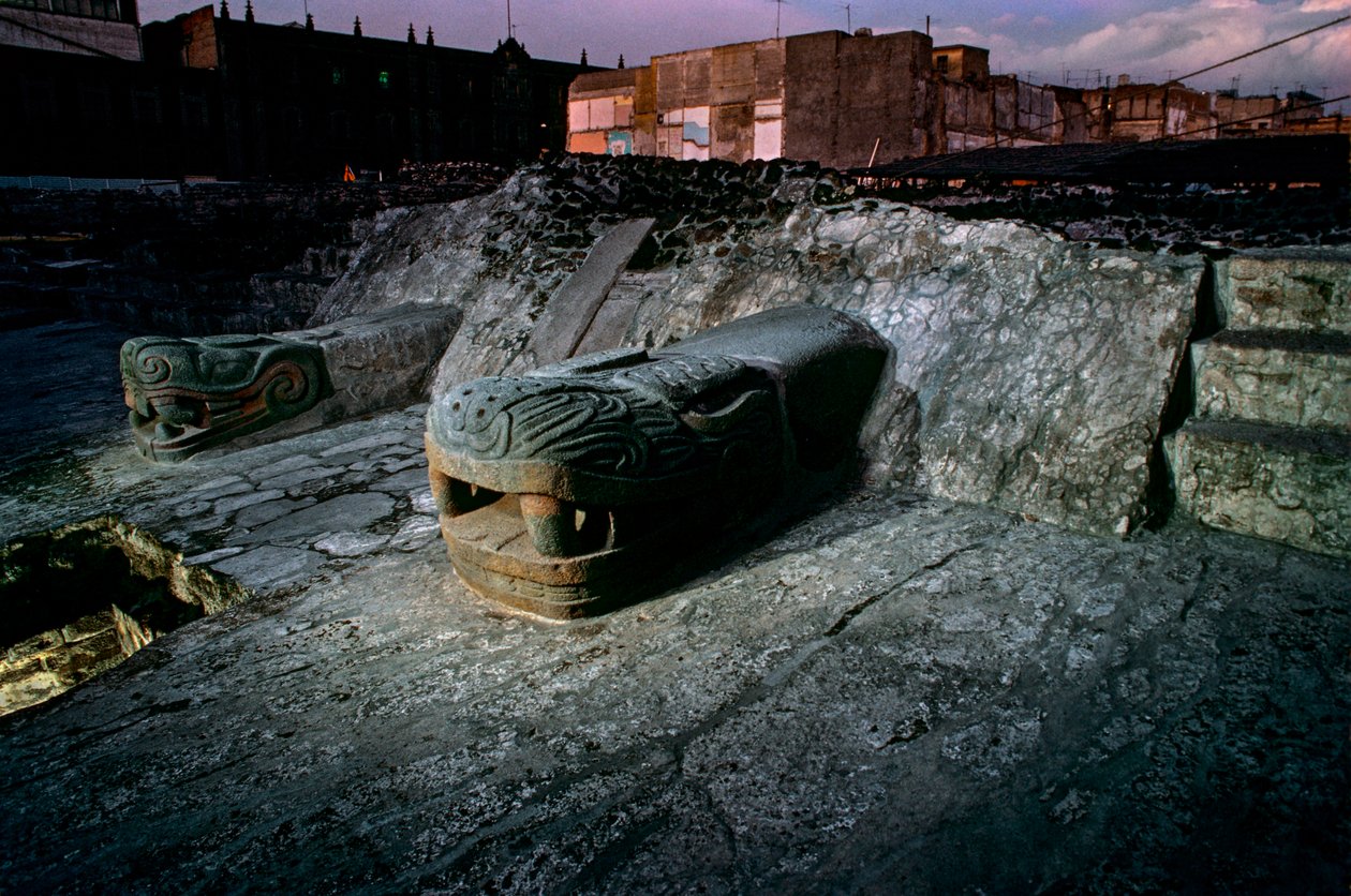 Serpent Replica on Great Temple, Tenochtitlan, Templo Mayor, Aztec, Mexico, Mexico City, 2010 by Kenneth Garrett