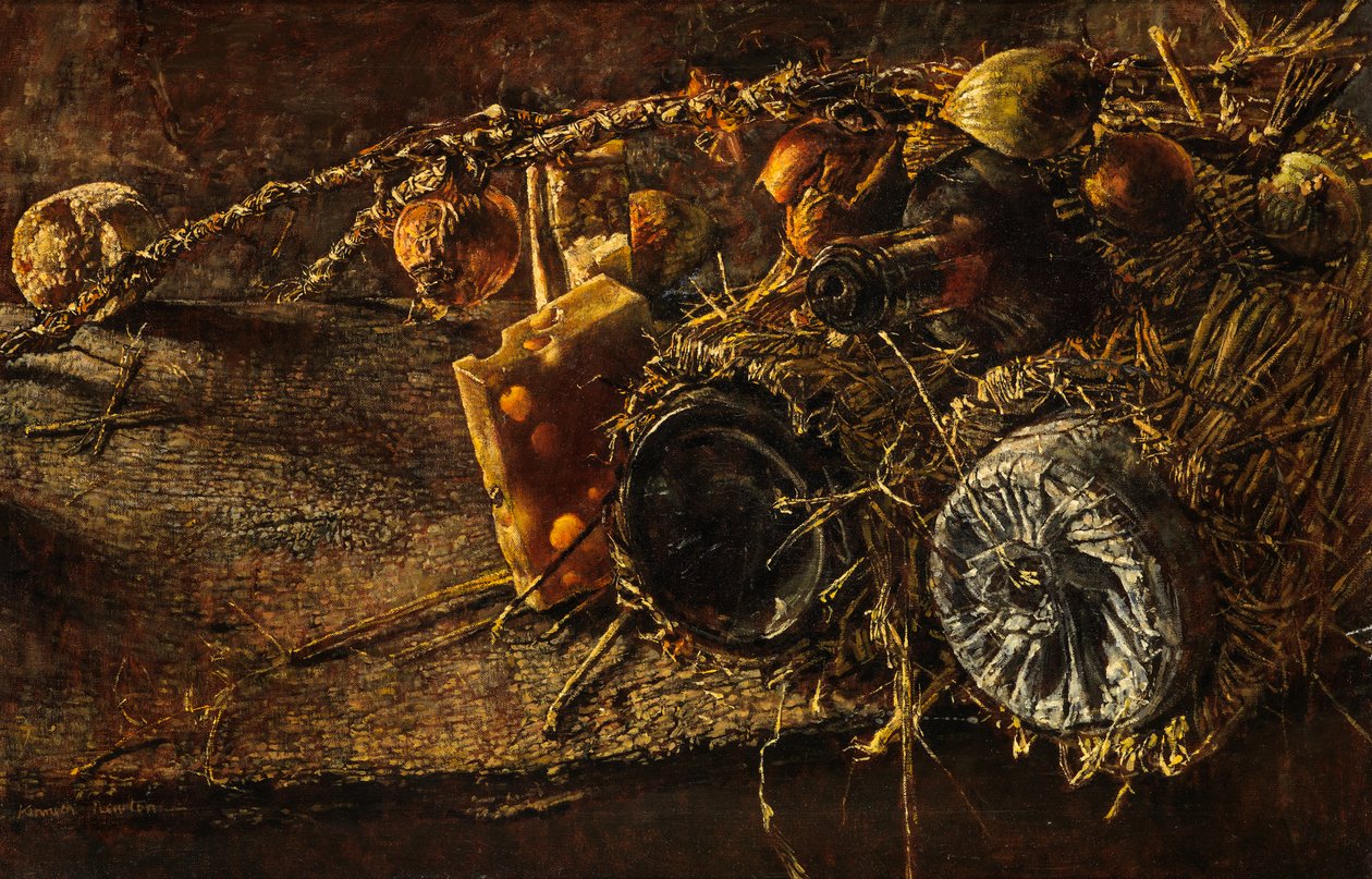 Still Life with Cheese and Bottles by Kenneth Newton
