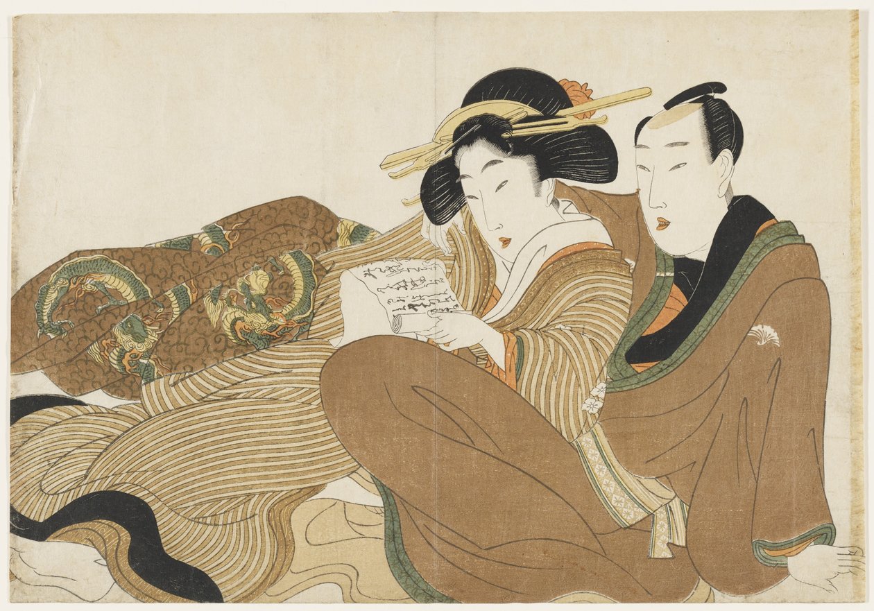 Reclining Couple Reading a Love Letter by Kikukawa Eizan