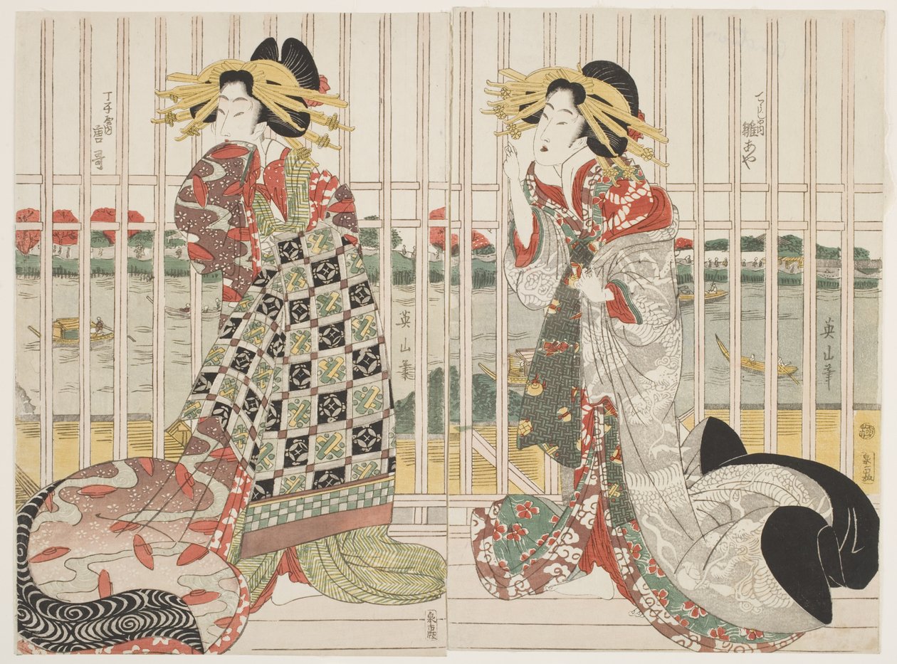 The Courtesans Hinaya and Karauta Behind the Barred Window of Chojiya House by Sumida River in the Cherry Blossom Season by Kikukawa Eizan