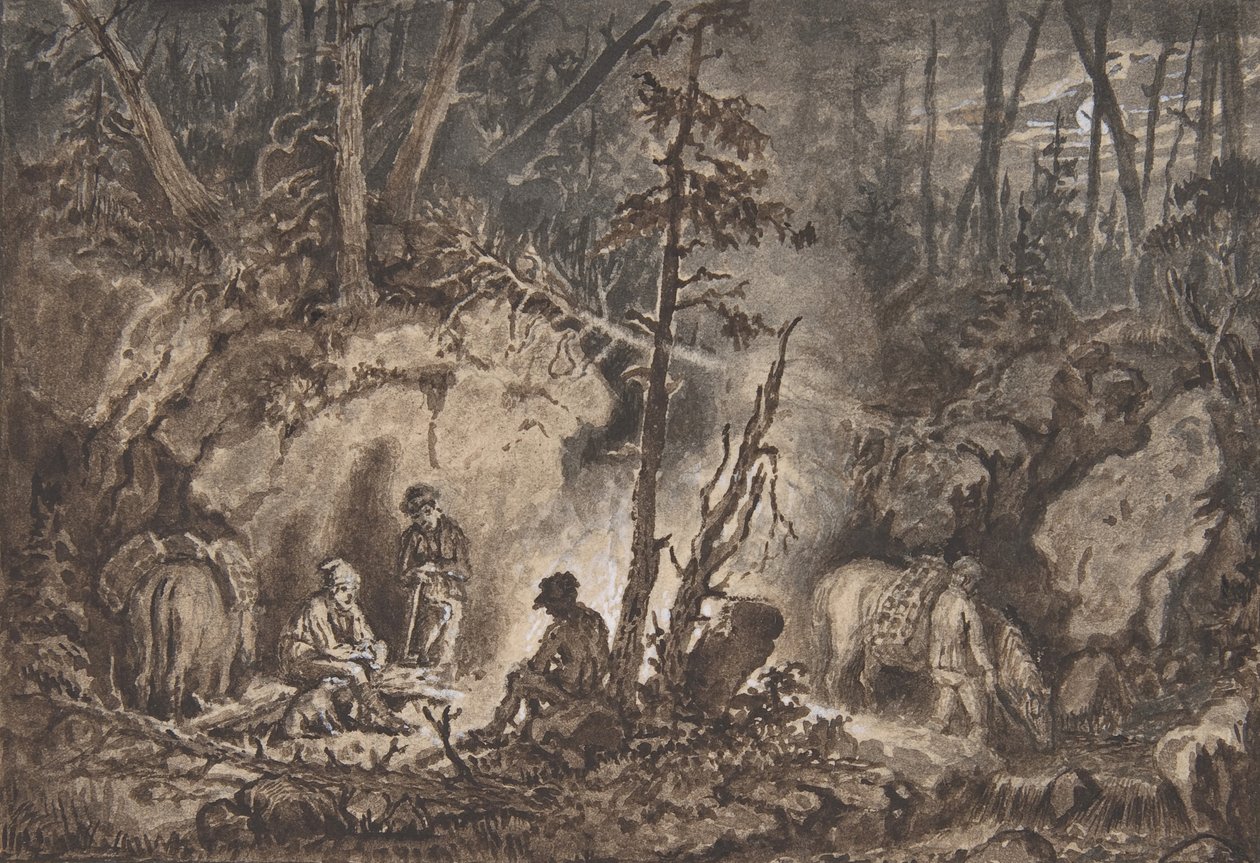 Hunters Resting in a Forest at Night by Kilian Christoffer Zoll