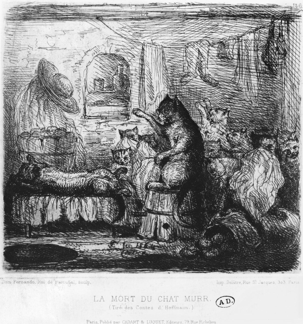 Death of Cat Murr, illustration from Die Lebensansichten des Katers Murr by Ernst Theodor Amadeus Hoffmann (1776-1822) published 1820-22 by King of Portugal Fernando II
