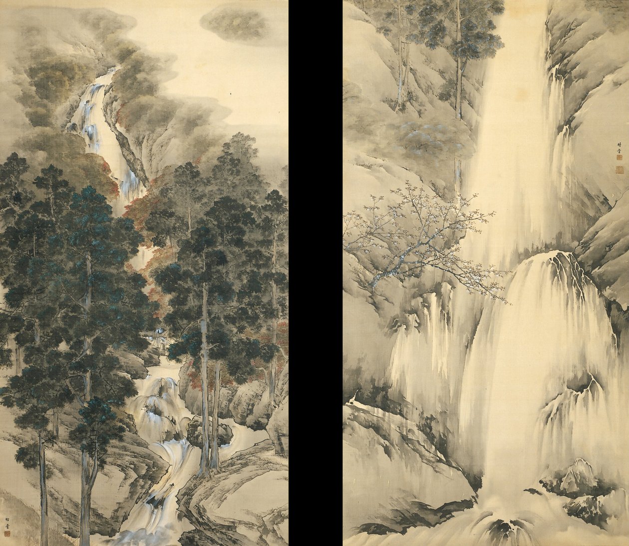 Waterfall in Spring and Autumn (set of two hanging scrolls), 1893 by Kishi Chikudo