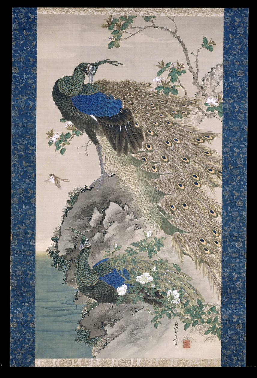 Cherry-Apple And Peacocks On Rock by Kishi Ganku