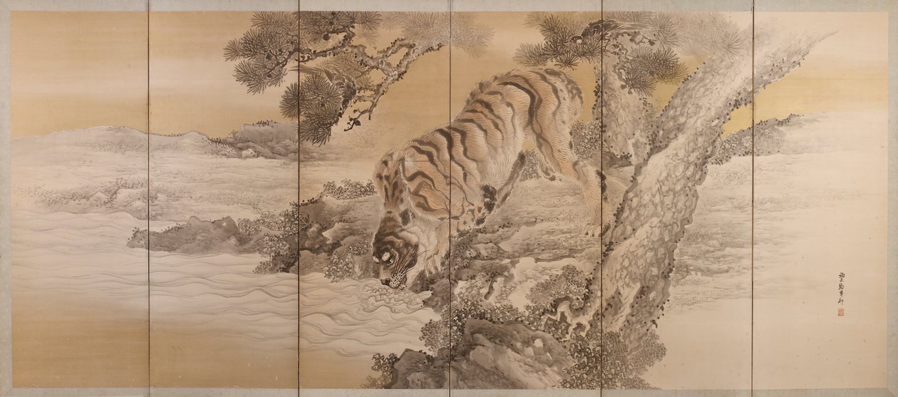 Six-Fold Screen Depicting a Drinking Tiger by Kishi Ganku