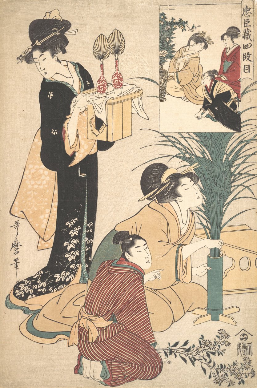 A Woman and a Man Arranging Flowers for the Tsukimi Moon Festival by Kitagawa Utamaro