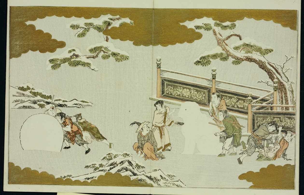Children Making a Snow Shishi and Rolling a Snowball, from 