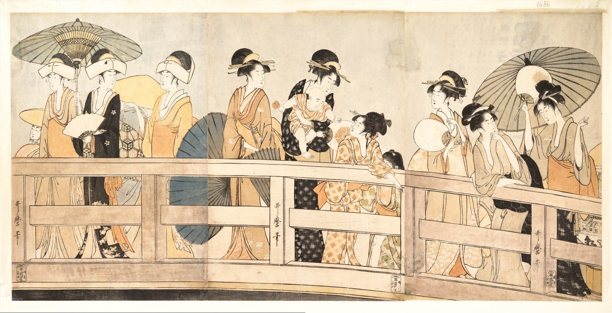 Enjoying the Cool Evening Breeze on and under the Bridge by Kitagawa Utamaro