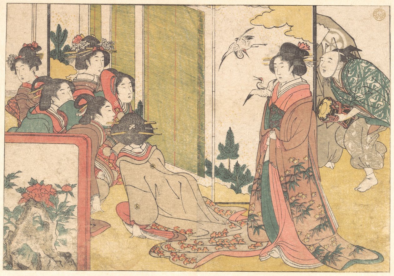 Girls Entertained by Performers, from the illustrated book Flowers of the Four Seasons by Kitagawa Utamaro