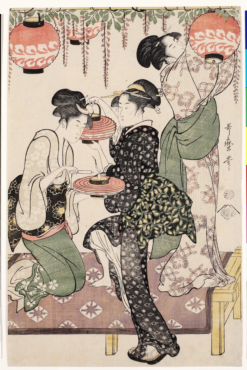 Teahouse girls under a wistaria espalier by Kitagawa Utamaro