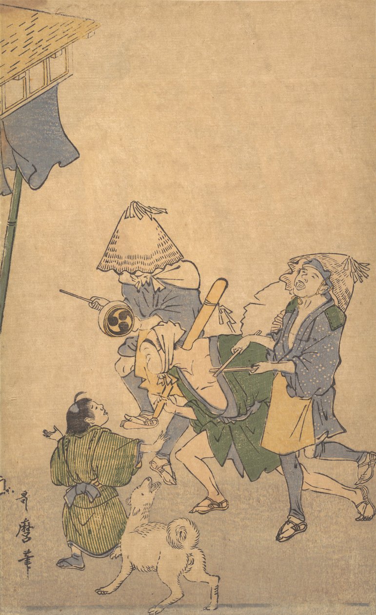 Three Revelers of the Lower Classes, Wearing Komuso Hats..., late 18th-early 19th century by Kitagawa Utamaro