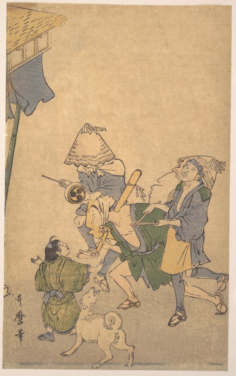Three Revelers of the Lower Classes, Wearing Komuso Hats, with Small Boy and Dog by Kitagawa Utamaro
