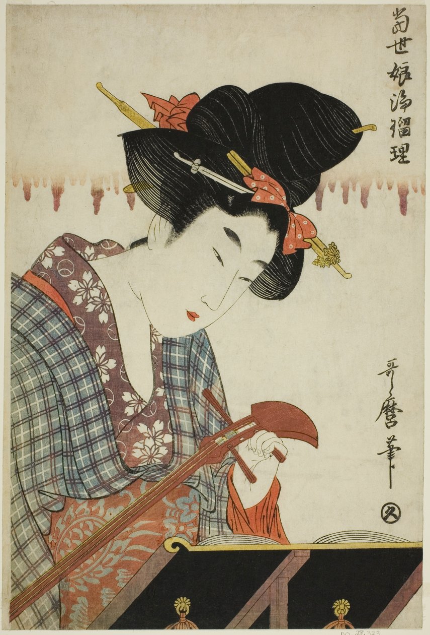 Turning a Shamisen, from the series "Chanting to Shamisen by Young Women of Today" by Kitagawa Utamaro