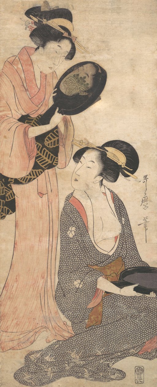 Two Ladies, Each with a Portion of a Lacquered Mirror by Kitagawa Utamaro