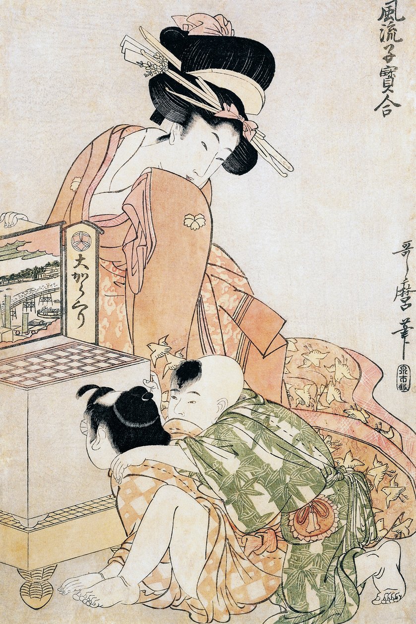 Two children looking into large optical box by Kitagawa Utamaro