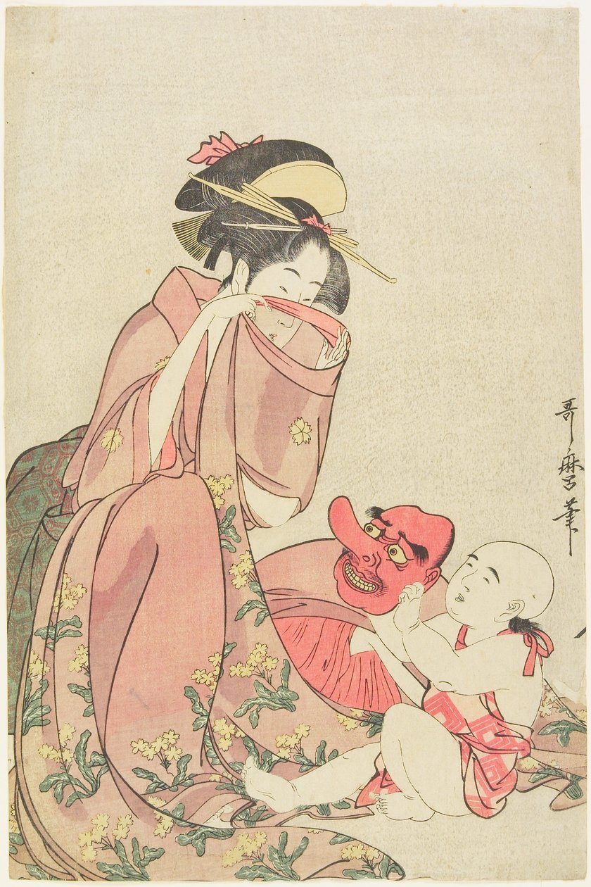 Woman Playing with a Child with a Tengu Mask by Kitagawa Utamaro