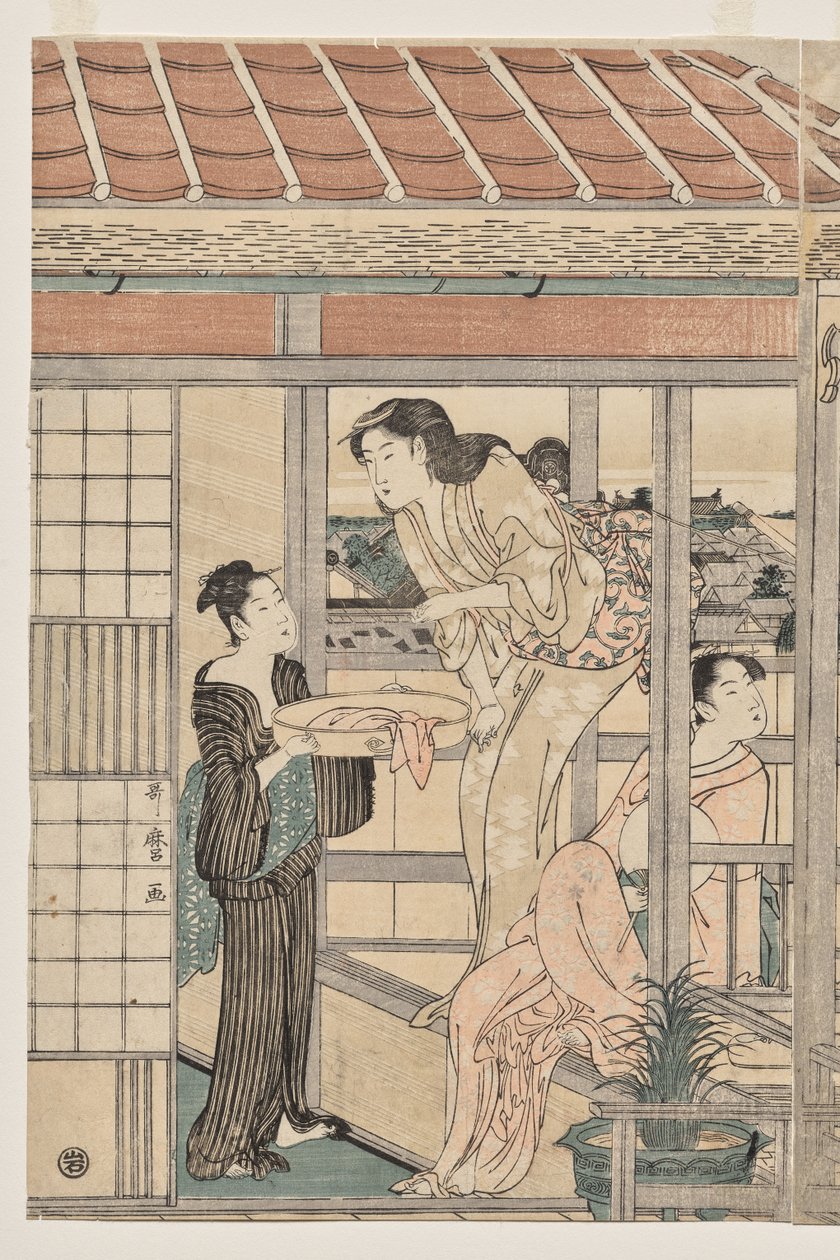Women Hanging Laundry to Dry on a Balcony by Kitagawa Utamaro
