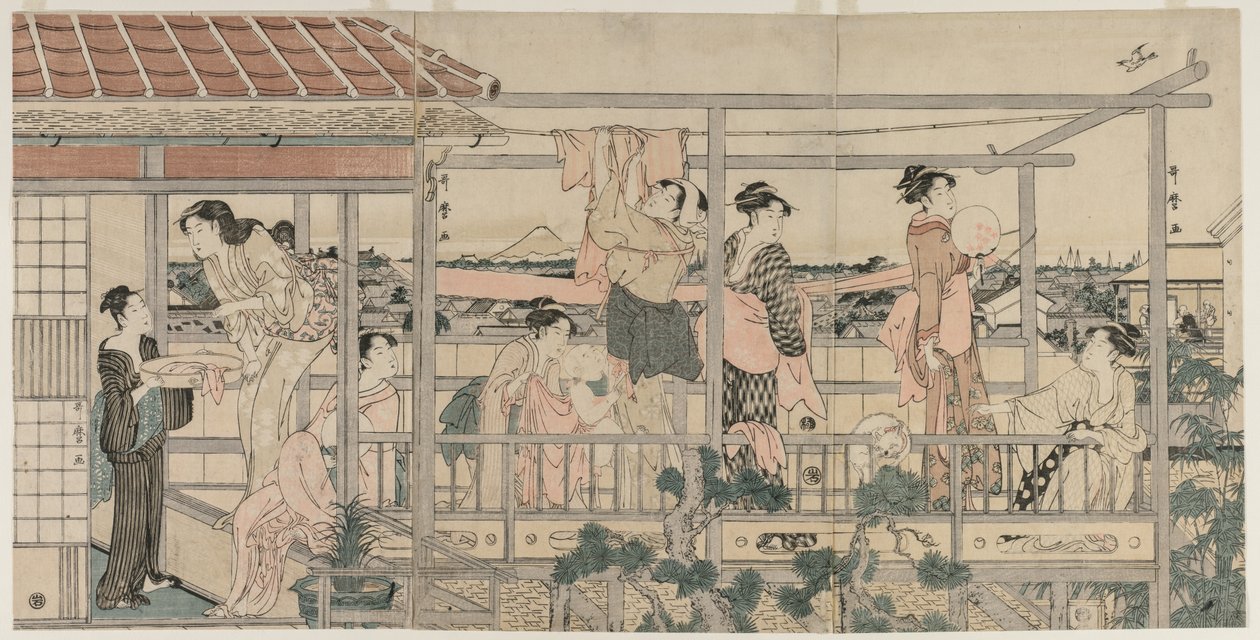 Women Hanging Laundry to Dry on a Balcony by Kitagawa Utamaro