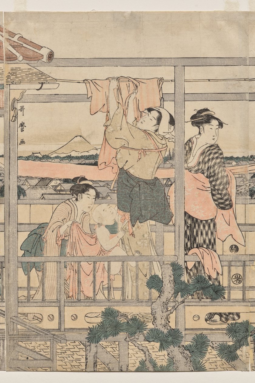 Women Hanging Laundry to Dry on a Balcony by Kitagawa Utamaro
